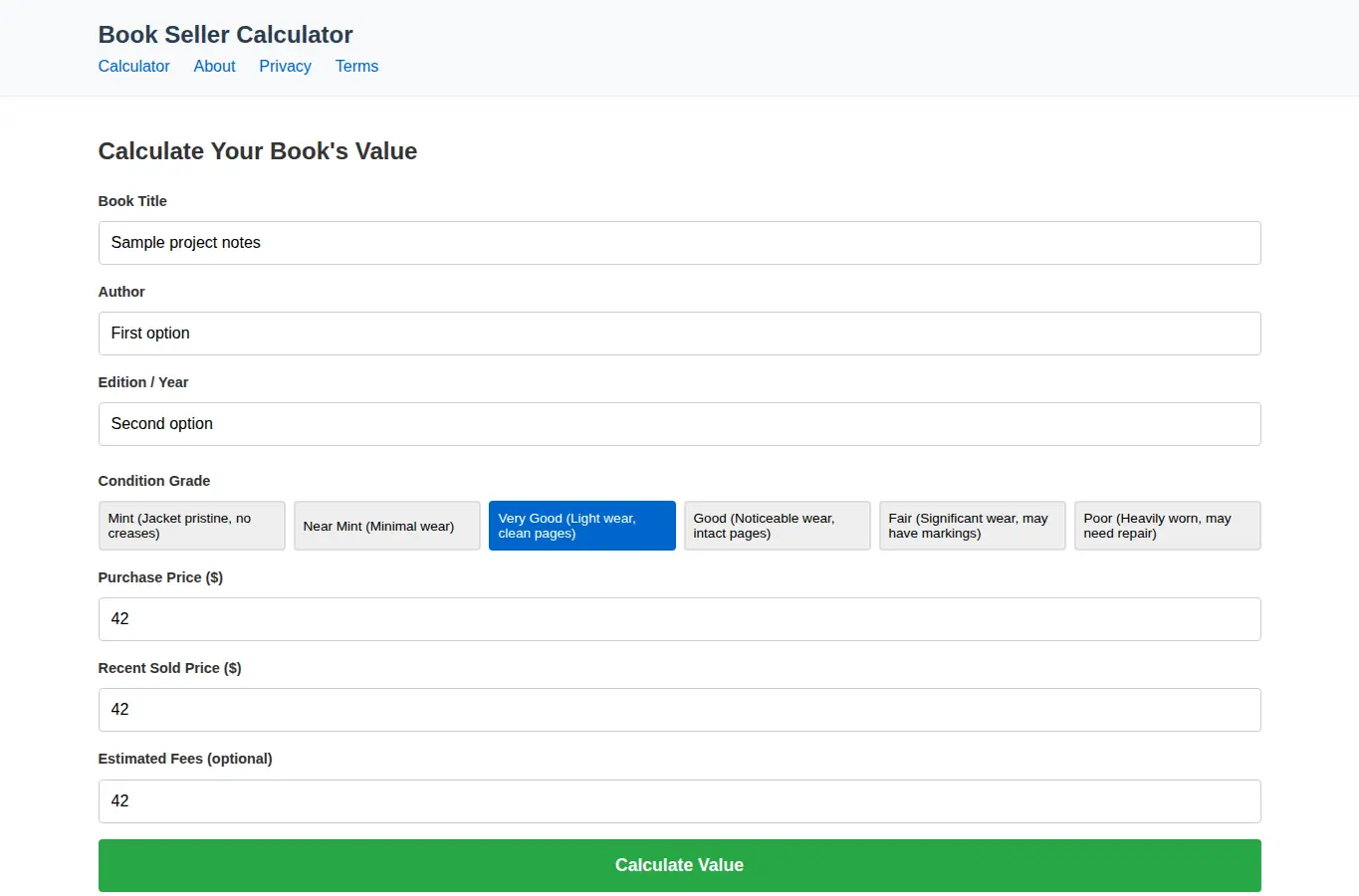 Screenshot of Thrifted Vintage Book Seller Calculator interface showing the project page in use